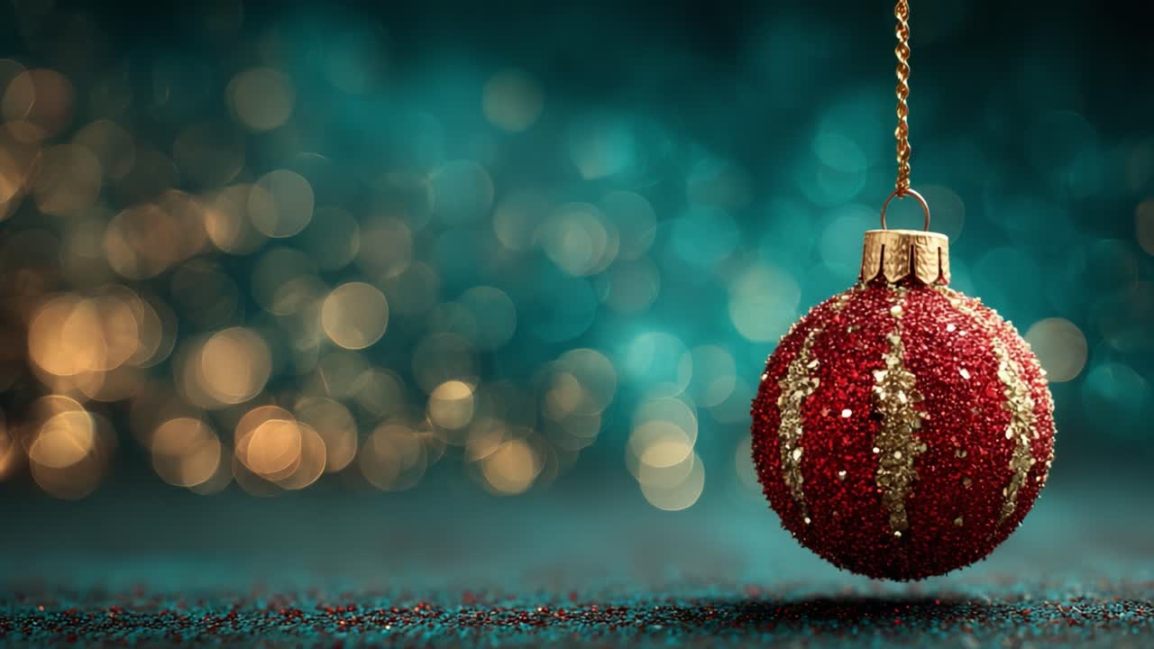 Un bellissimo ornamento natalizio rosso scintillante appeso con eleganza su uno sfondo bokeh blu e oro brillante, che cattura la gioia delle feste
