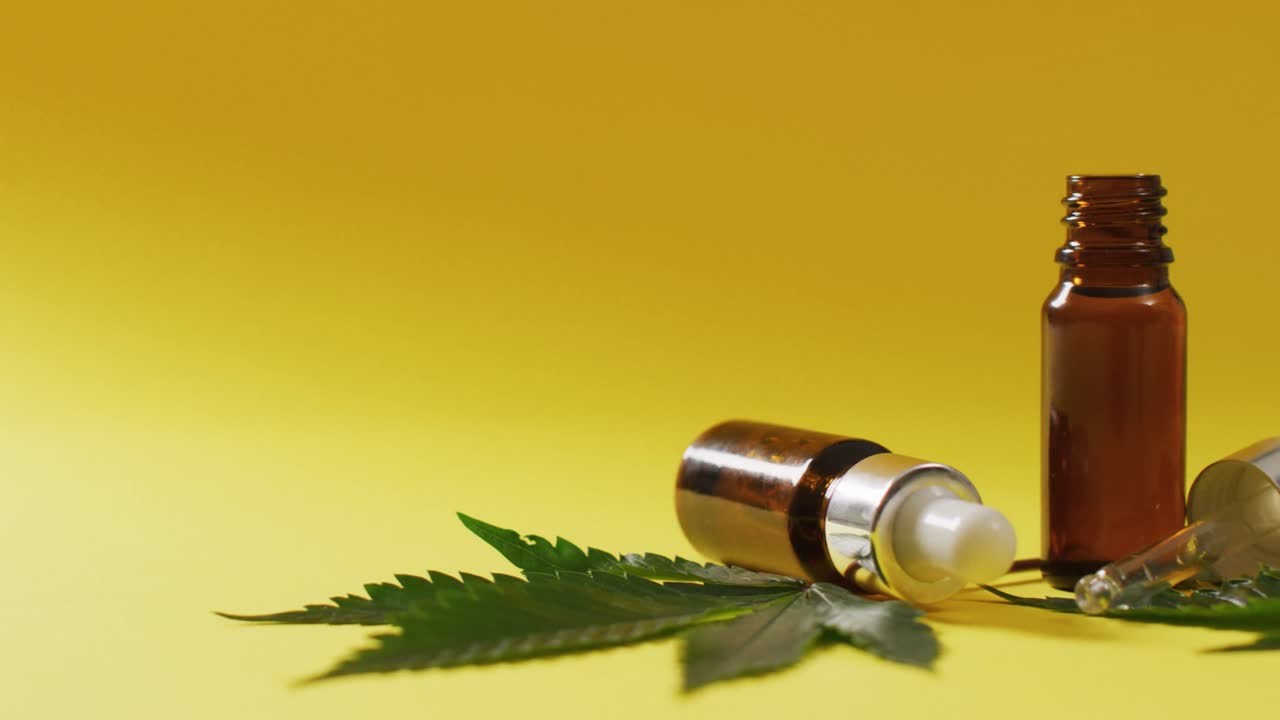 Sarı arka plan üzerinde kenevir yaprakları ve bir şişe CBD özü videosu