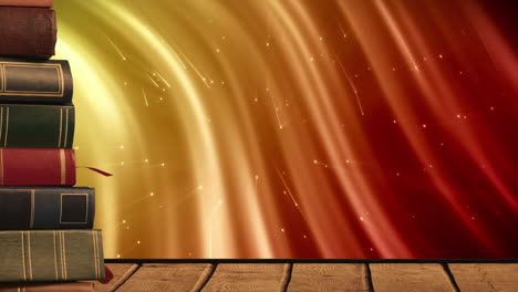 animación de una pila de libros con espacio de copia sobre senderos de luz de naranja brillante a amarillo