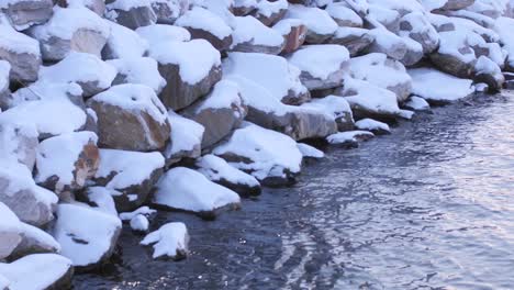 Rocas-Cubiertas-De-Nieve-Por-La-Orilla-Del-Océano-Ártico-Del-Norte-Durante-El-Invierno