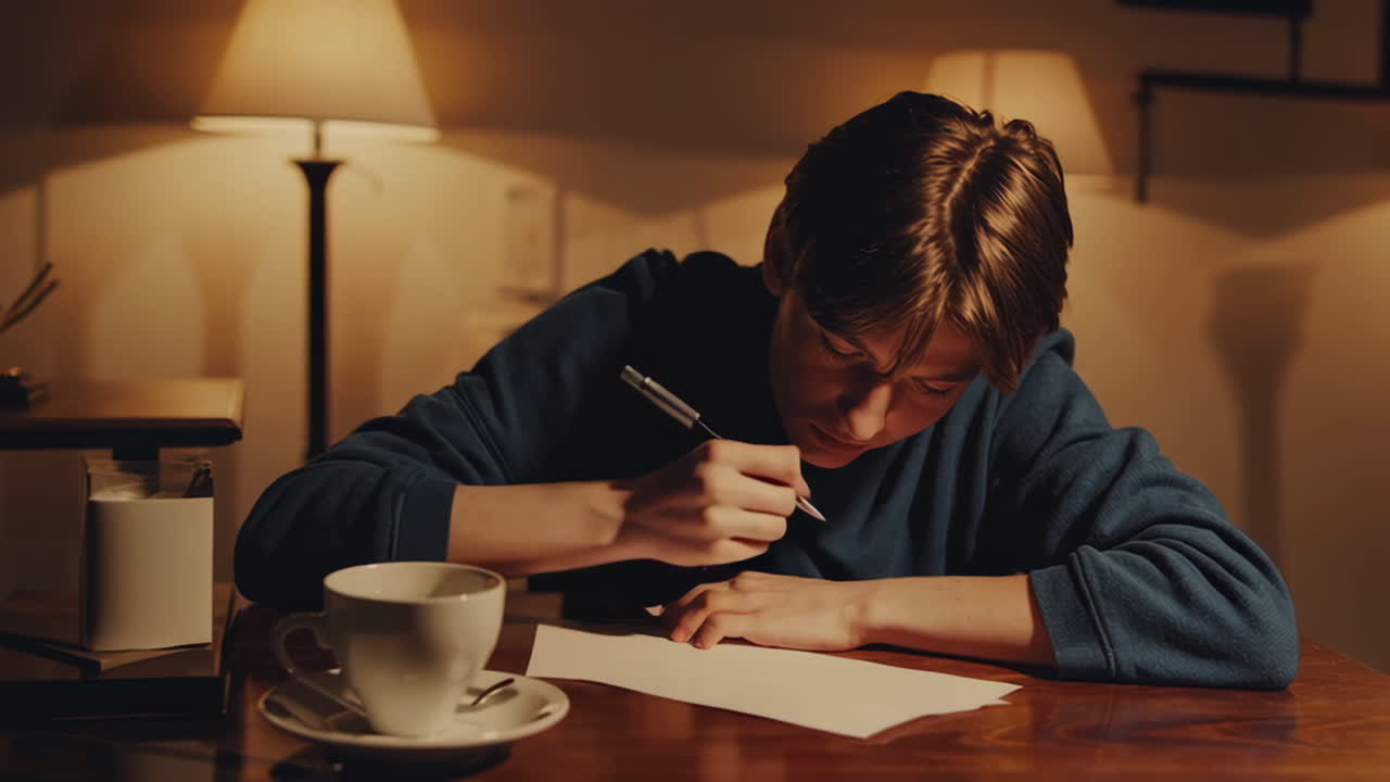 Young person writing late at night