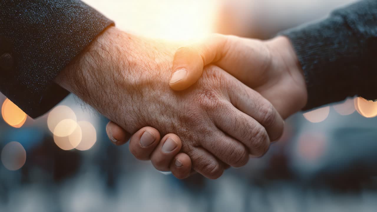 A Meaningful Handshake Between Two Individuals Symbolizes Trust and Agreement in a Social Context, Radiating Warmth and Collaboration Amidst a Vibrant Environment