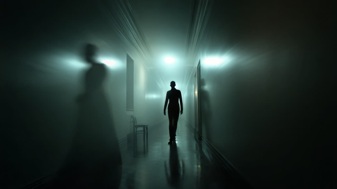 A Mysterious Figure Progresses Through a Foggy Hallway, Creating an Eerie Atmosphere with Shadows and Dim Lighting in a Hauntingly Abandoned Space
