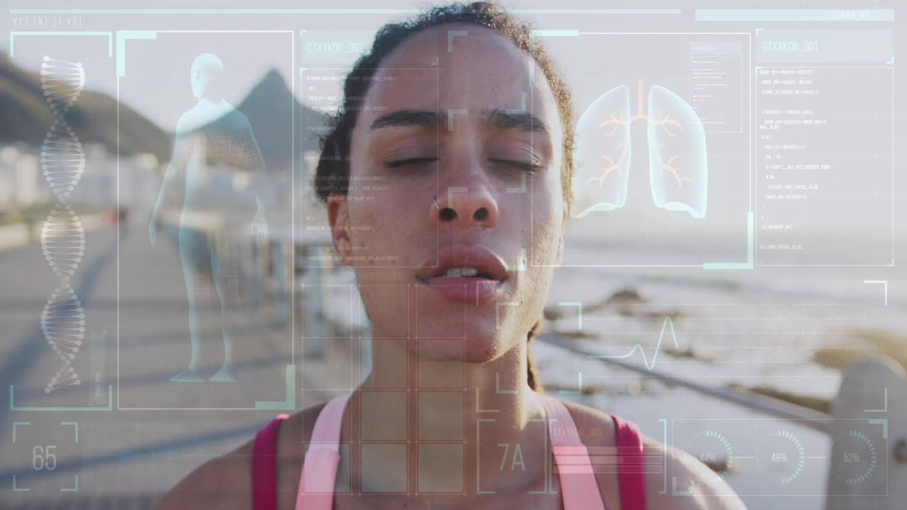 Animation of medical data processing over woman exercising outdoors