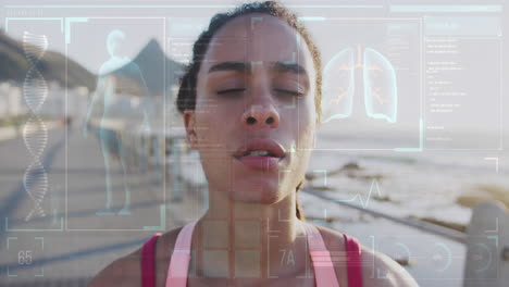 animation of medical data processing over woman exercising outdoors