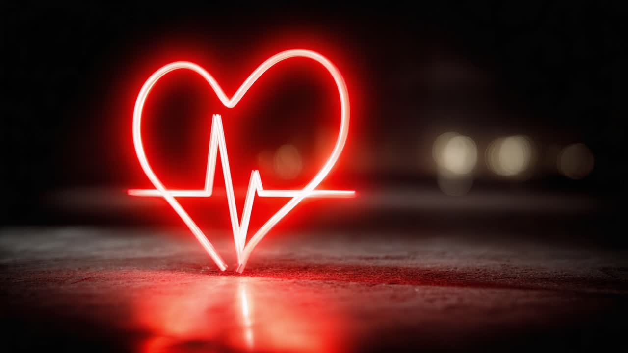 Glowing Heartbeat: A Captivating Display of Heart and Pulse Symbolism in a Dark Setting, Representing Life, Health, and Vibrance through Vibrant Red Light