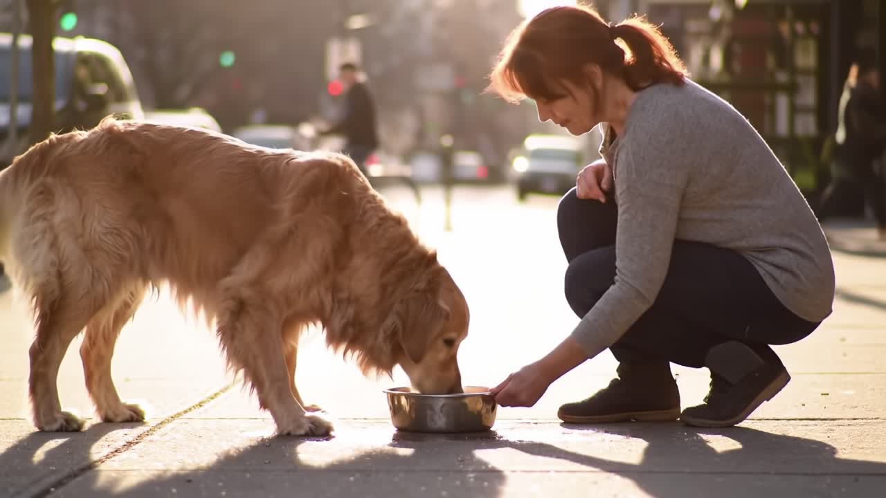 A Joyful Moment: A Woman Feeding Her Golden Retriever on a Sunny Day in the City, Capturing the Bond Between Humans and Their Beloved Pets