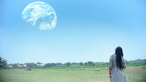 Girl-stands-in-meadow-or-rural-grassland-looks-at-new-Earth-in-sky,-dream-sequence-or-sci-fi-scene