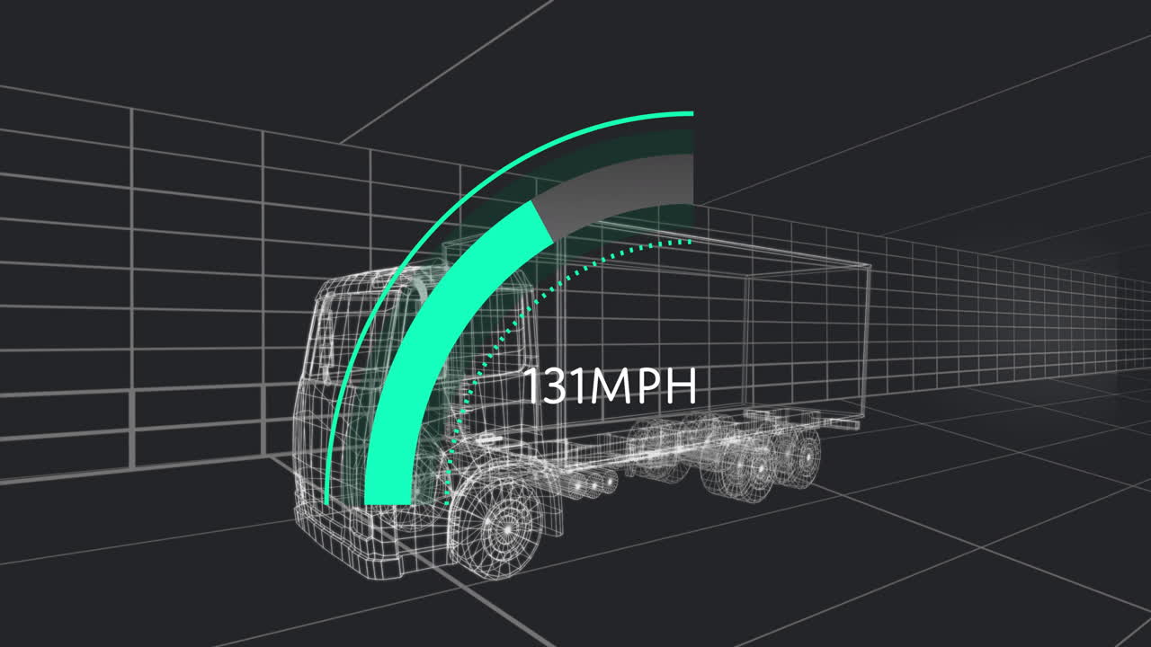 Wireframe semi-truck being visualized in dark grid studio, showing teal speed gauge reading 131 MPH