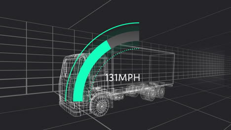 wireframe semi-truck being visualized in dark grid studio, showing teal speed gauge reading 131 mph