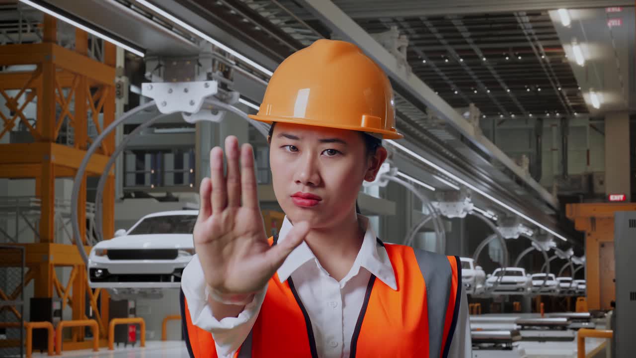 안전 헬을 입은 아시아 여성 엔지니어가 ev 자동차 공장에서 서 있는 동안 손 표시 없이 불쾌감을 표합니다.