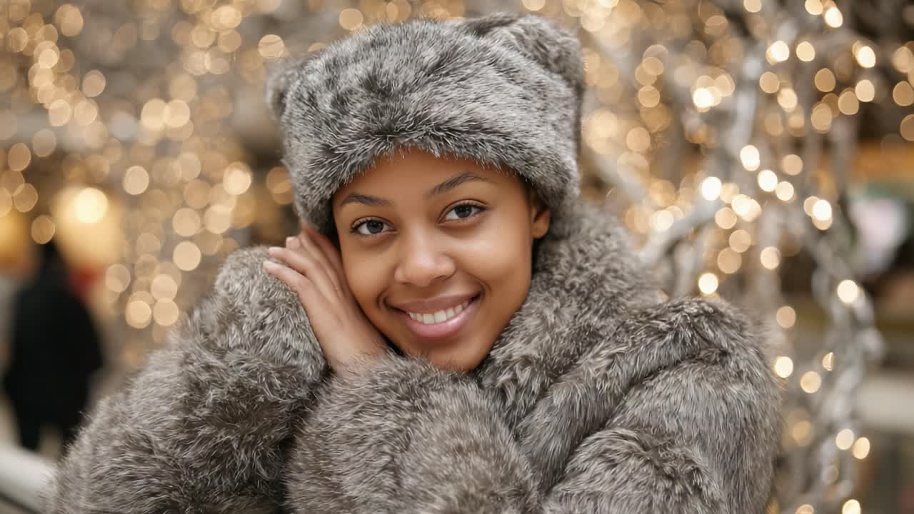 Joyful Winter Portrait of a Smiling Individual in Cozy Gray Fur Attire Amidst Sparkling Strings of Lights, Captured in a Warm and Inviting Atmosphere