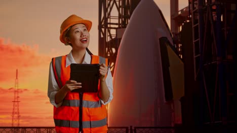 female engineer reviewing launch pad data at sunset