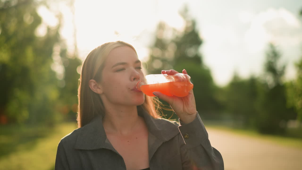 Woman seated outdoors drinking orange juice with a satisfied expression, sunlight softly illuminates her face, with blurred greenery and glowing light in the background