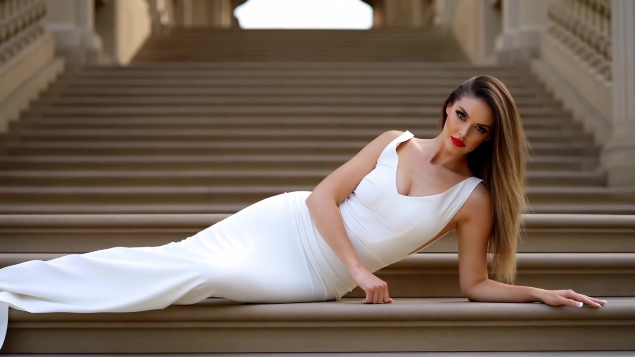 Modella caucasica in abito bianco adagiata su una grande scalinata di marmo. Elegante ritratto nuziale con luce serale soffusa.