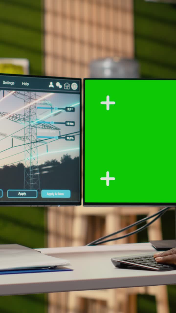 Engineer works on power line tower CAD design on isolated screen PC in office