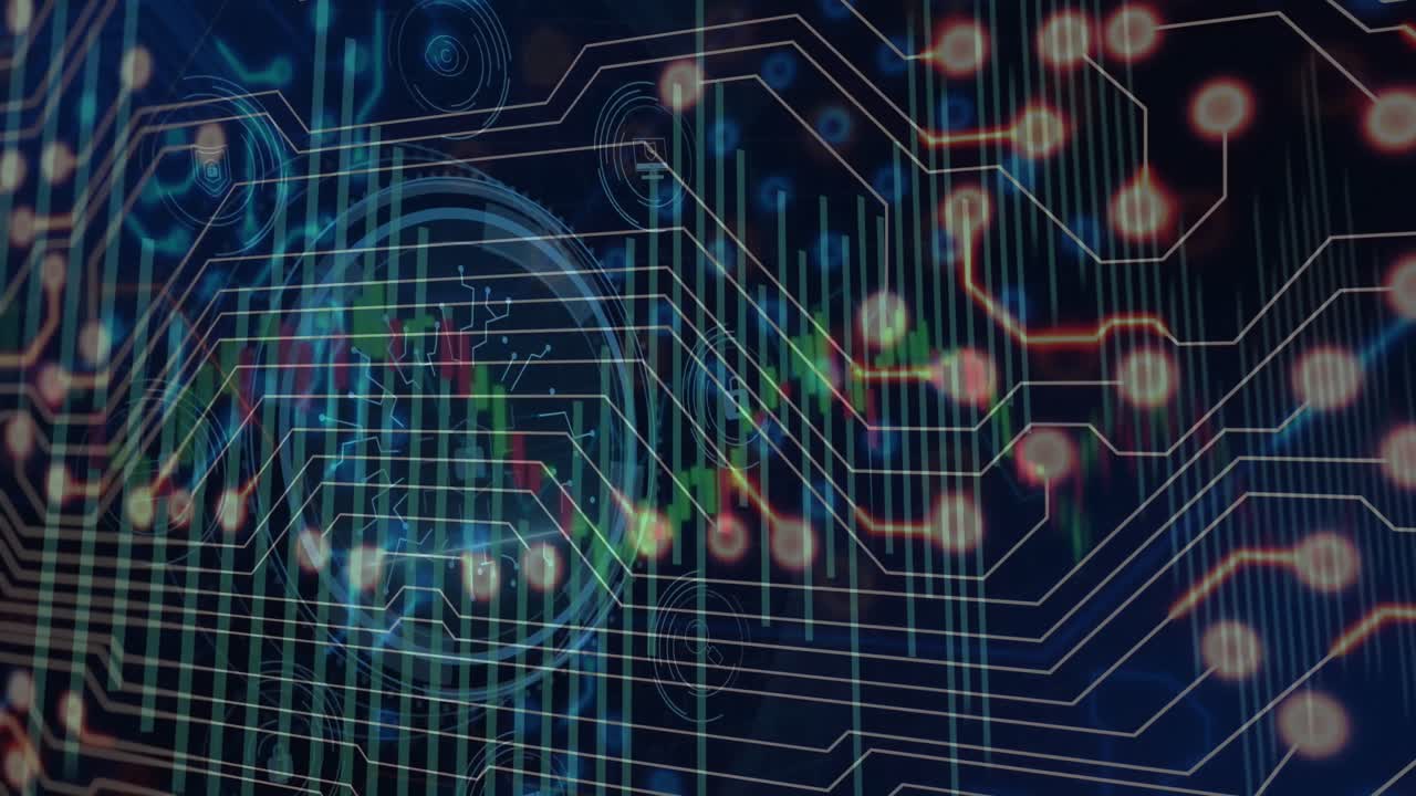 Animation of cyber security text and padlock in circle, graphs, glowing dots forming circuit board