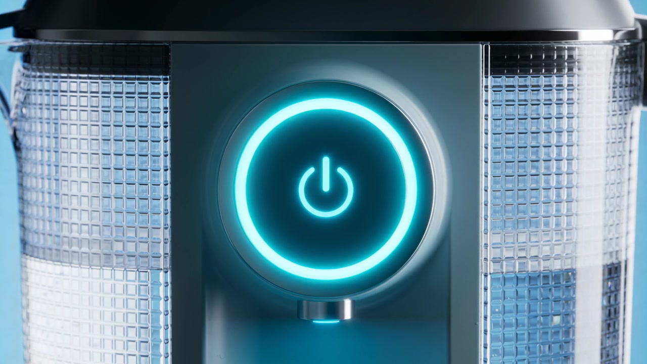 Menampilkan kontrol daya LED cyan berdenyut, alat menandakan siaga di set studio, dengan nosel.