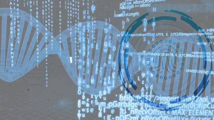 Double-helix being scanned by biometric HUD emerging, rings rotating, code flowing to analyze DNA