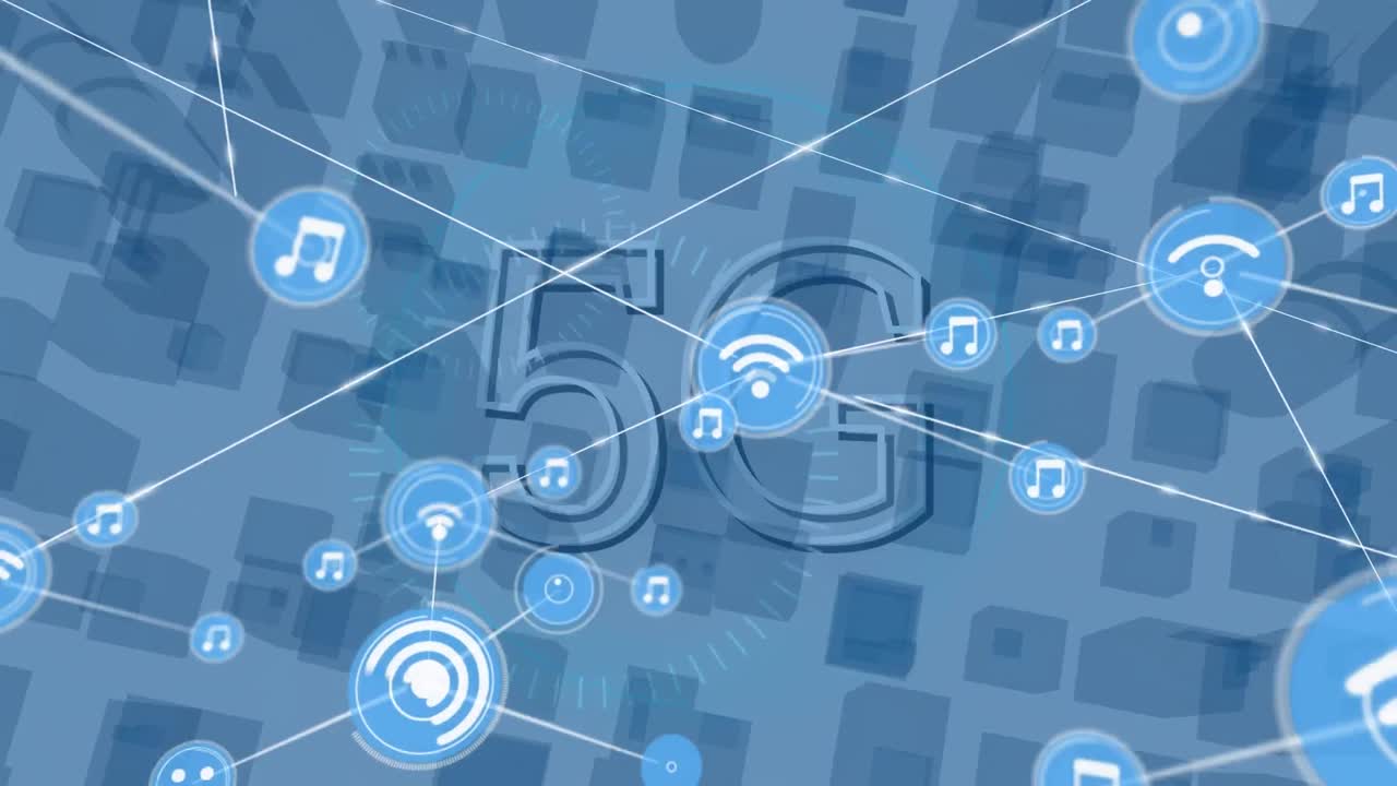 5g 텍스트와  ⁇ 색 배경에 디지털 도시에 대한 아이콘으로 연결 네트워크의 애니메이션