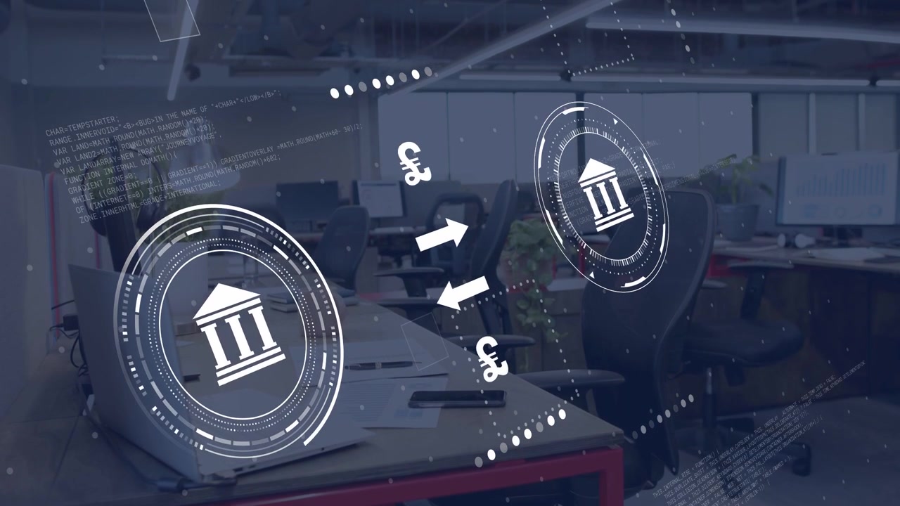 Bank icons appearing, HUD animating with rotating badges and cycling currencies showing transfers