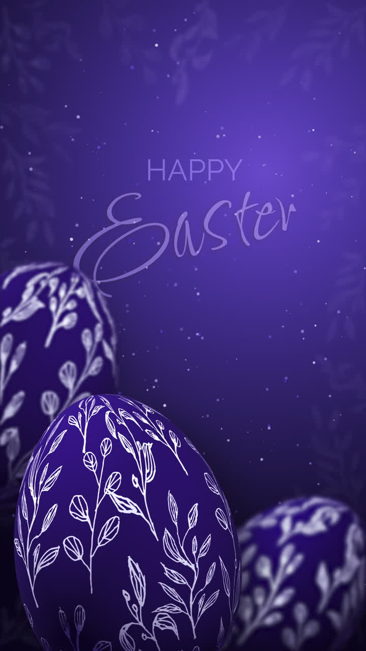 Colored purple 3D Easter eggs with floral decorative ornament. Festive greeting card with the inscription Happy Easter. Looped animation. Vertical video.