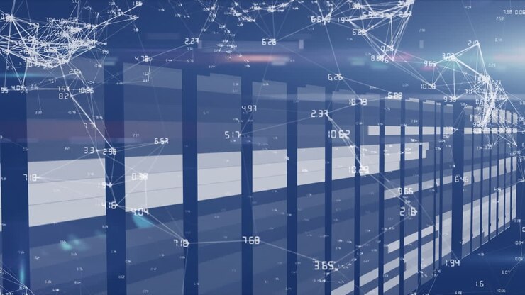 Animation of data with computer processors in background