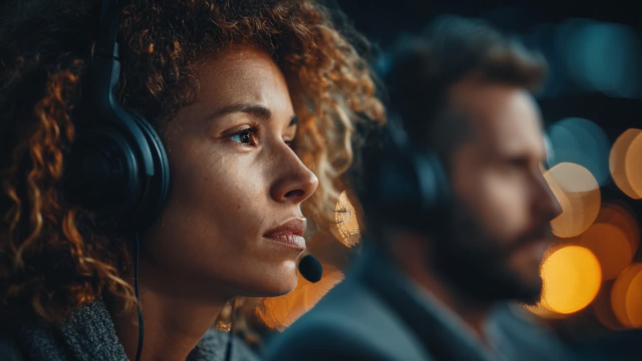 Uma equipe focada em um ambiente envolvente: close-ups de dois profissionais usando fones de ouvido, capturando a essência da colaboração em um espaço de trabalho moderno