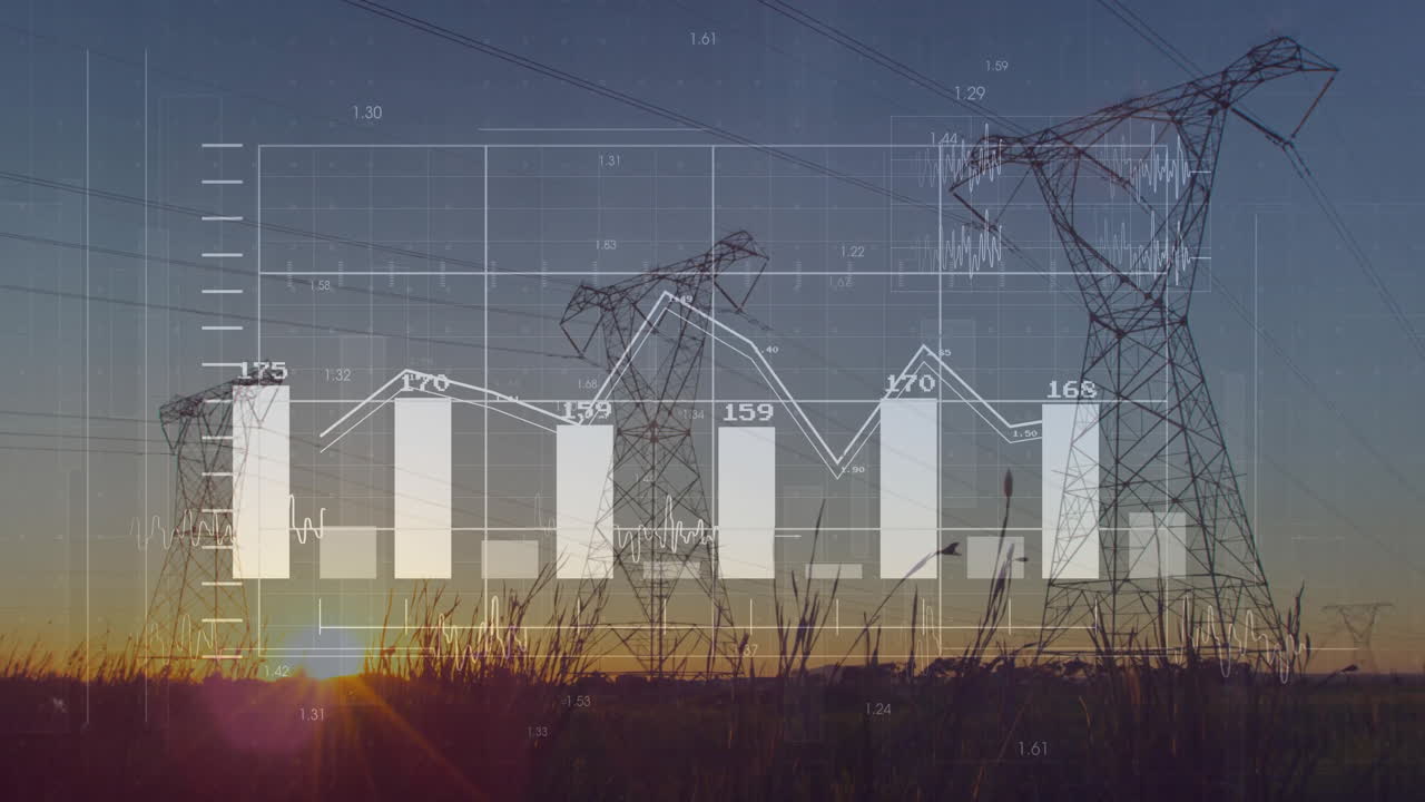 Animation of financial graphs over power lines and sunset in school project