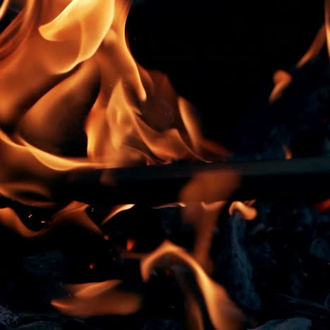 detailed motion of wooden stick in fire. light flame over the black background of smoldered logs. close-up. slow motion.