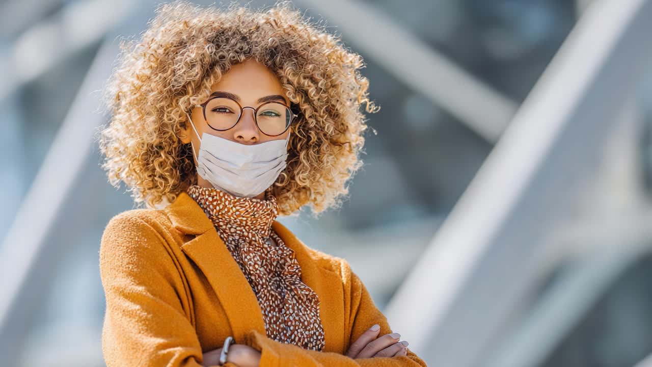 Mujer segura con gafas y mascarilla, vestida con un atuendo elegante, posando al aire libre con una expresión impactante contra un fondo arquitectónico moderno