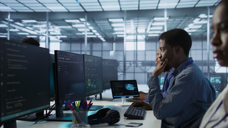 Mangfoldigt IT-team, der arbejder i et datacenter