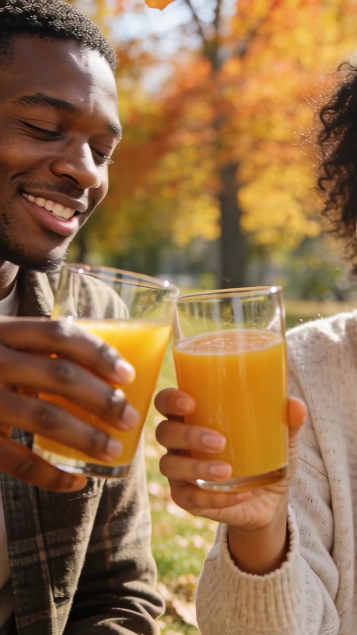 Video vertical: Hombre con sombrero levantando un vaso, mujer con suéter haciendo lo mismo, brindando con zumo de naranja en un parque.