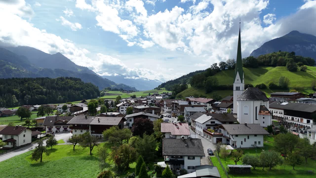 Aerial Wiesing town and Pfarrkirche church
