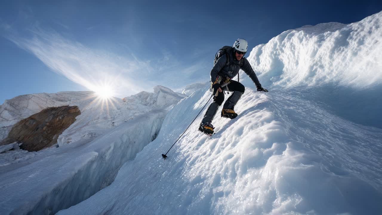 Un audace scalatore affronta una parete di ghiaccio di un ghiacciaio con cautela e precisione, catturando l'essenza dell'avventura in ambienti alpini estremi e in condizioni difficili