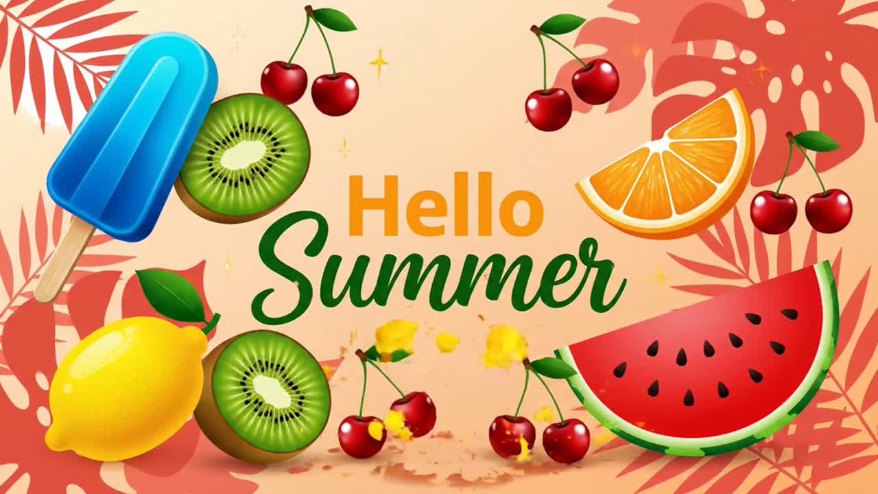 Ilustración de banner 'Hola verano' con paletas de frutas tropicales
