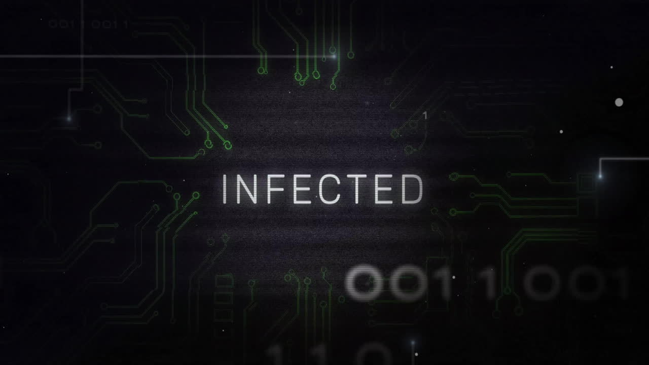 Animation of infected text with data processing on black background