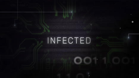 animation of infected text with data processing on black background