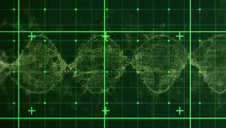 Animation of digital grid overlaying abstract DNA strand pattern on green background
