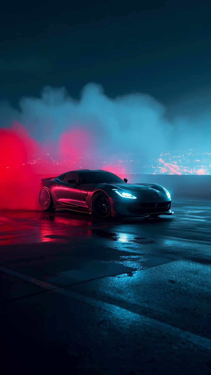 Neon Lit Supercar On Wet Asphalt, City Skyline Glowing Behind, Red And Blue Fog Enveloping Rear, Reflective