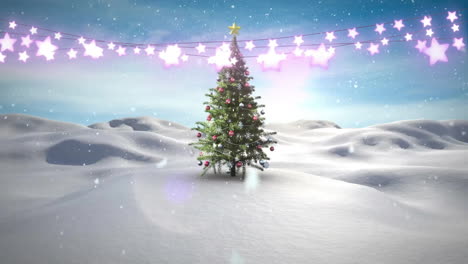 animation of christmas fairy lights and christmas tree in winter scenery