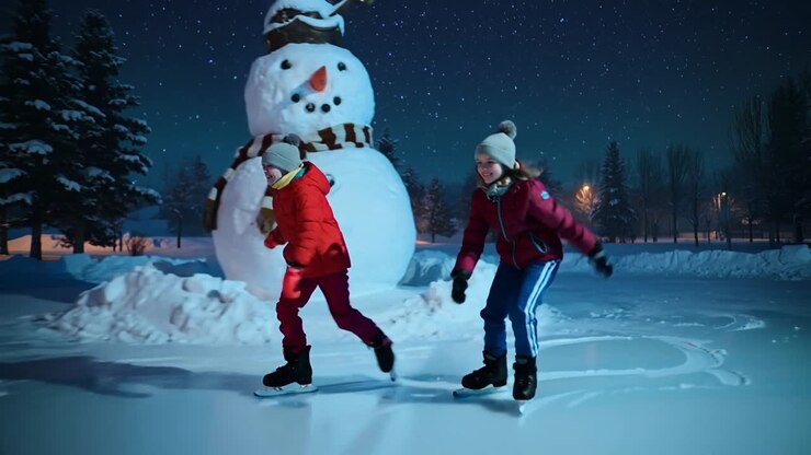 Stepping onto frozen pond, two children testing balance, gliding around snowman for practice