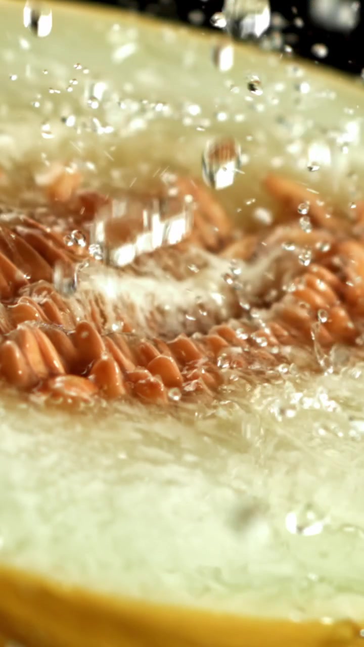 Slow Motion Water Splashing on Fresh Melon and Seeds