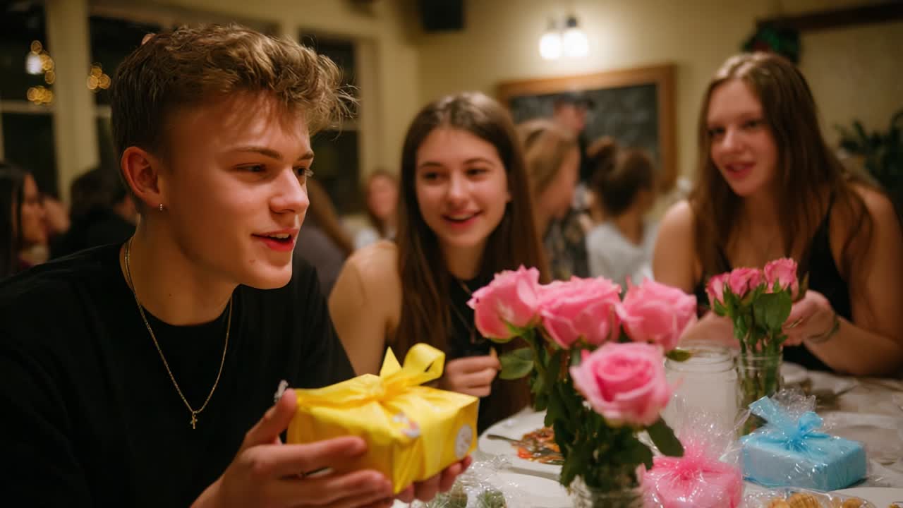 A Joyous Celebration: A Young Man Presents a Gift at a Festive Gathering Surrounded by Friends, Colorful Decorations, and an Abundance of Fresh Roses in an Inviting Atmosphere