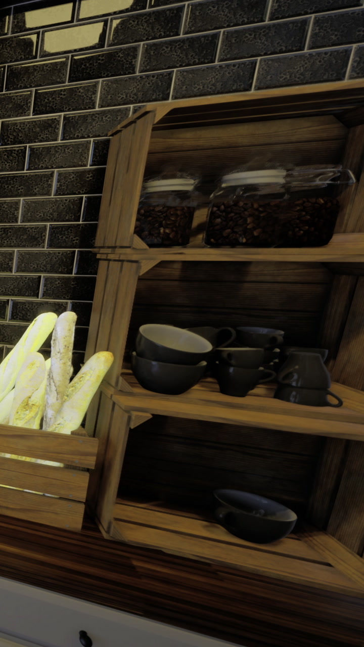 Bakery display shows fresh bread and kitchen items in a rustic setting