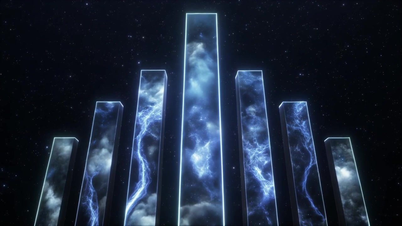 Abstract Glowing Blue Energy Pillars Against Starry Night Sky