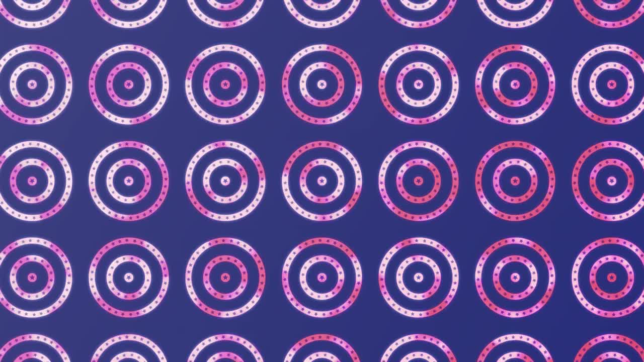American flag with rows of blue stars on turning red and white circles on blue background