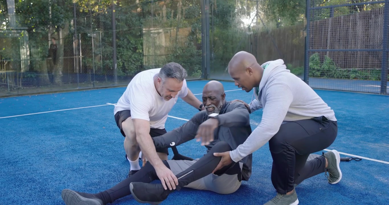 Mature man lunging for ball on backyard court, falling while teammates checking sensor patches