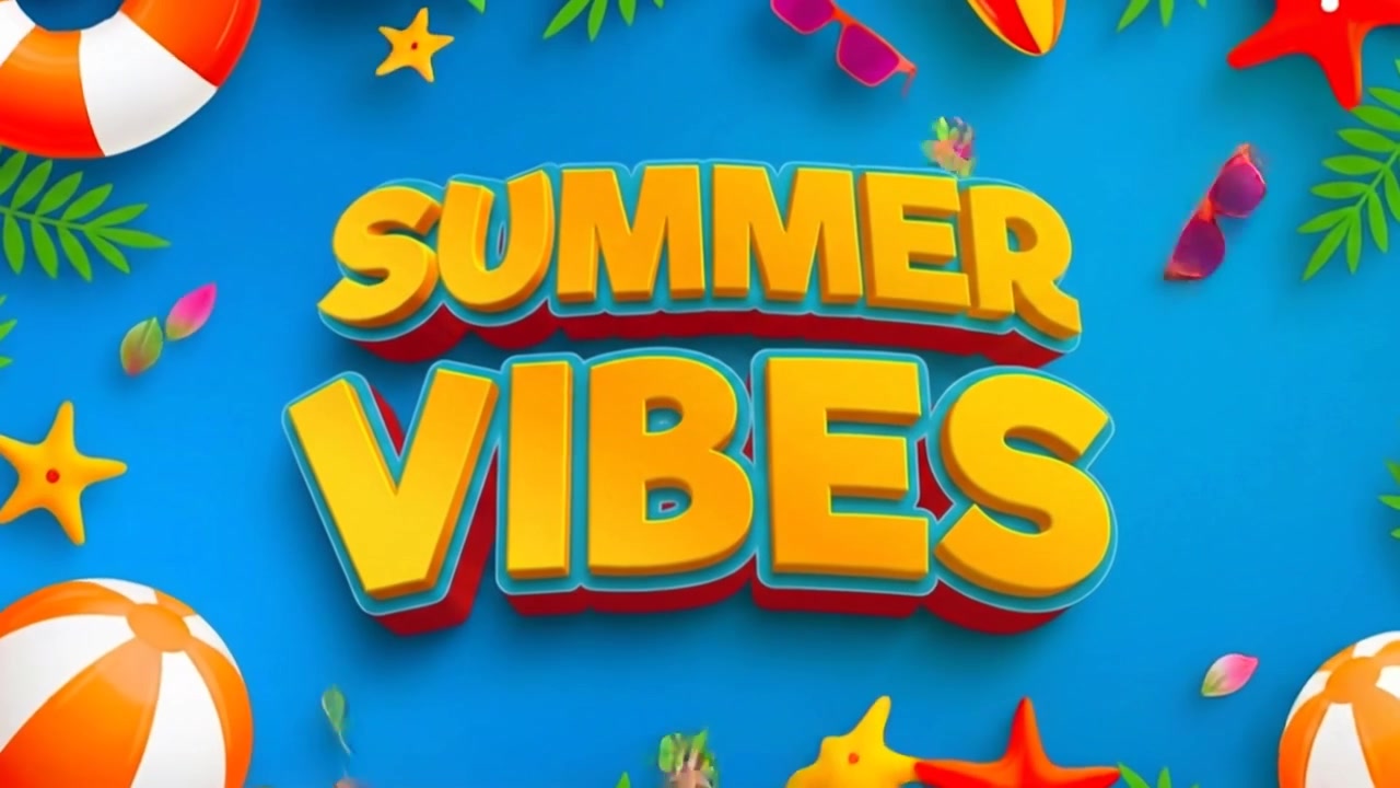 Texto animado de Vibras de Verano con elementos de playa