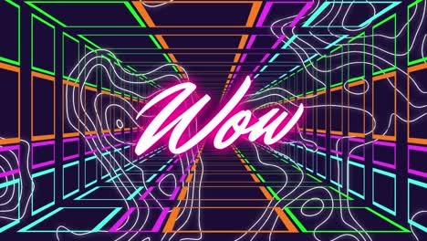 Animation-Von-Wow-Text-Auf-Neonlichtmuster-Hintergrund